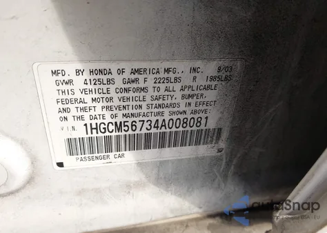 2004 Honda Accord 2.4 Ex from USA, damaged, VIN 1HGCM56734A008081